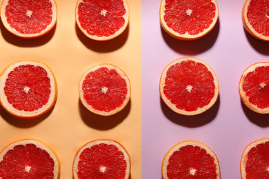Flat lay composition with tasty ripe grapefruit slices on color background