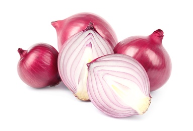 Photo of Fresh whole and cut red onions on white background