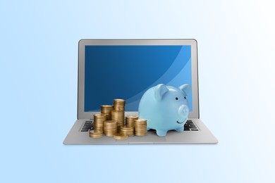 Image of Piggy bank with different height coin stacks and laptop on light blue background. Online banking