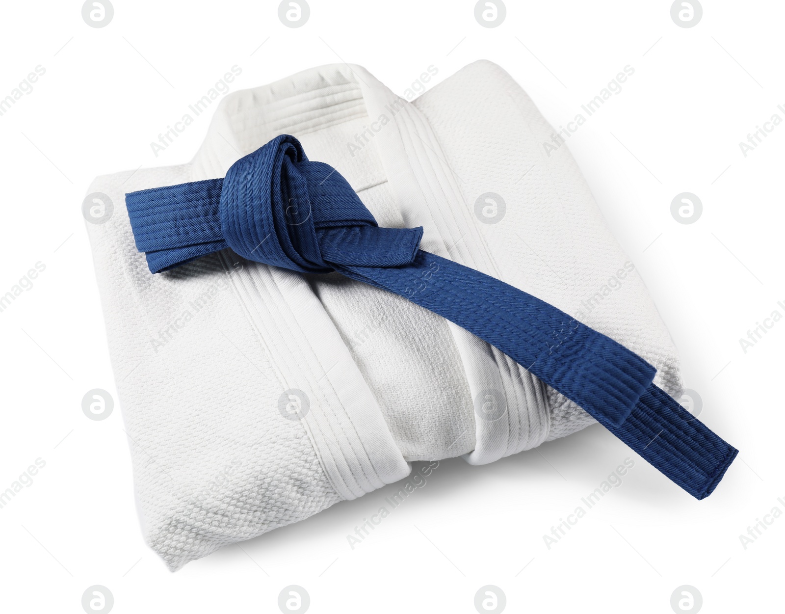 Photo of Martial arts uniform with blue belt isolated on white