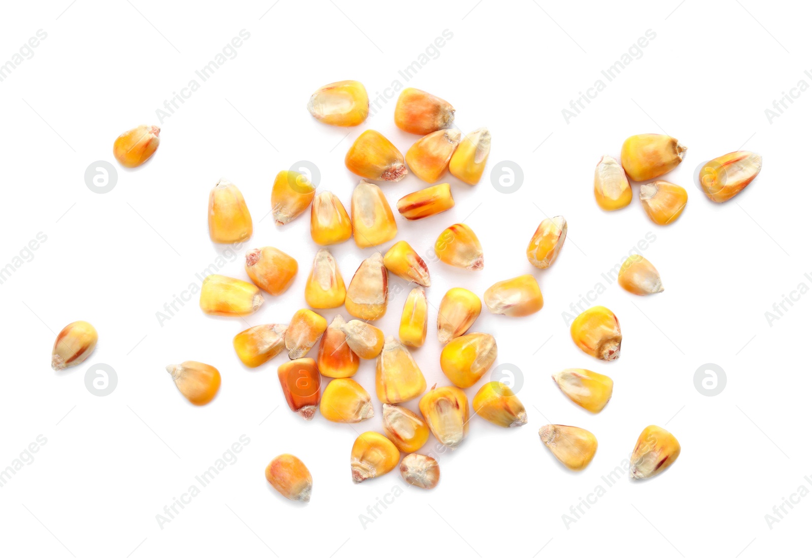 Photo of Dried corn kernels on white background, top view