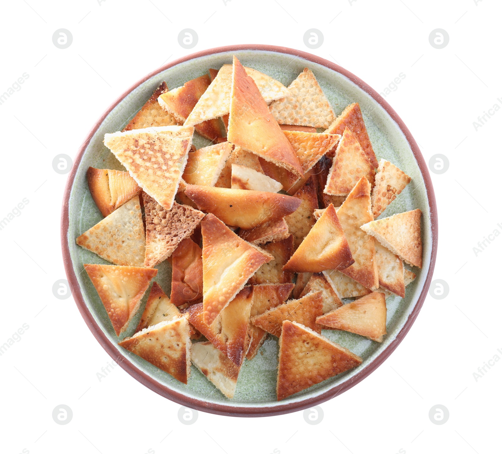 Photo of Delicious pita chips isolated on white, top view
