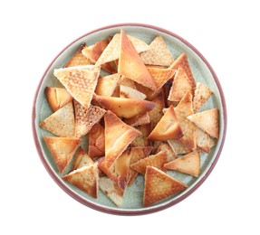 Photo of Delicious pita chips isolated on white, top view