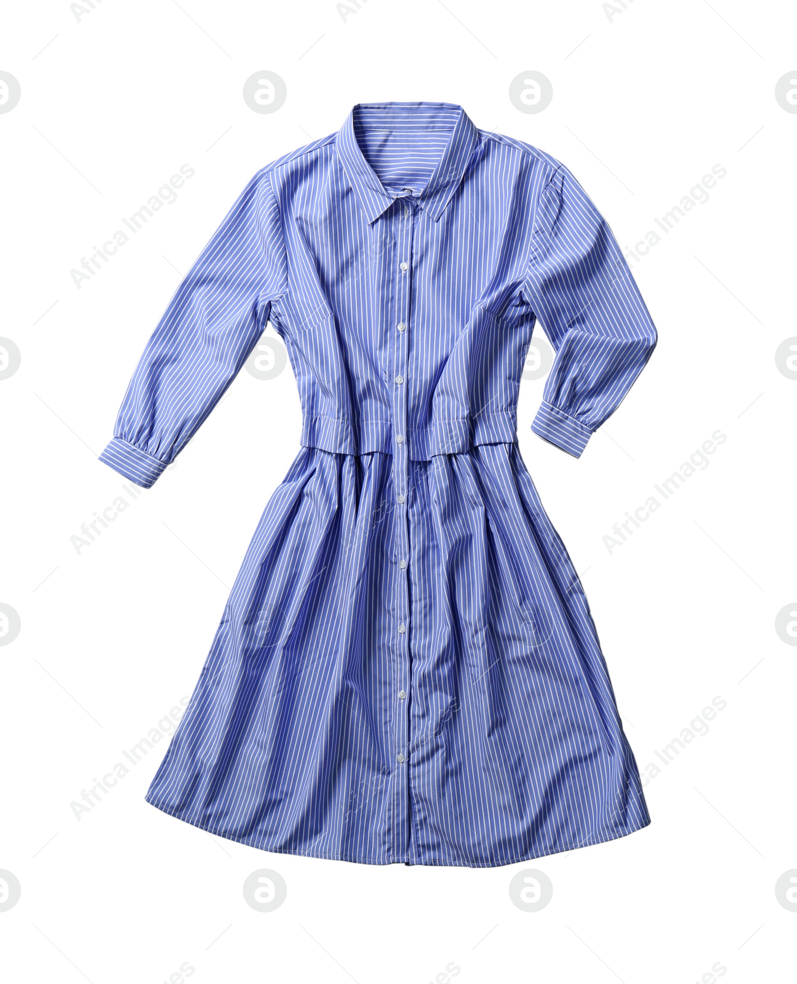 Photo of Blue striped shirt dress isolated on white, top view