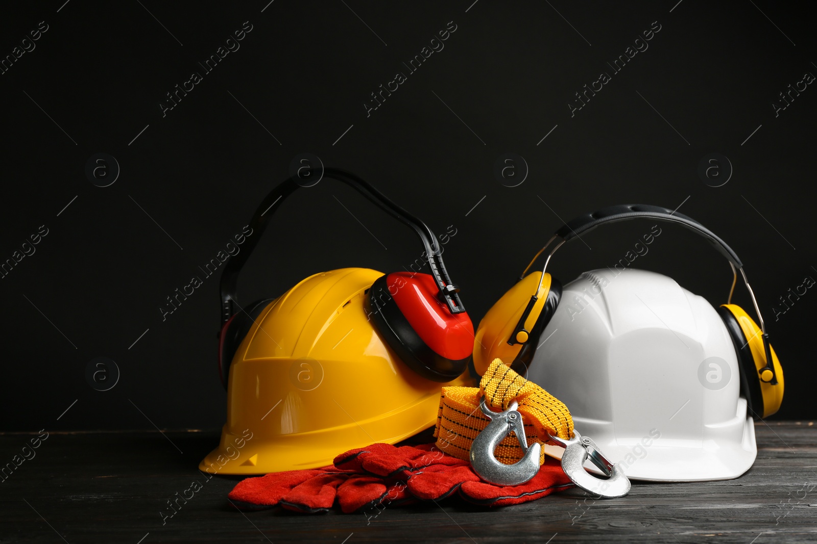 Photo of Composition with safety equipment on table. Space for text