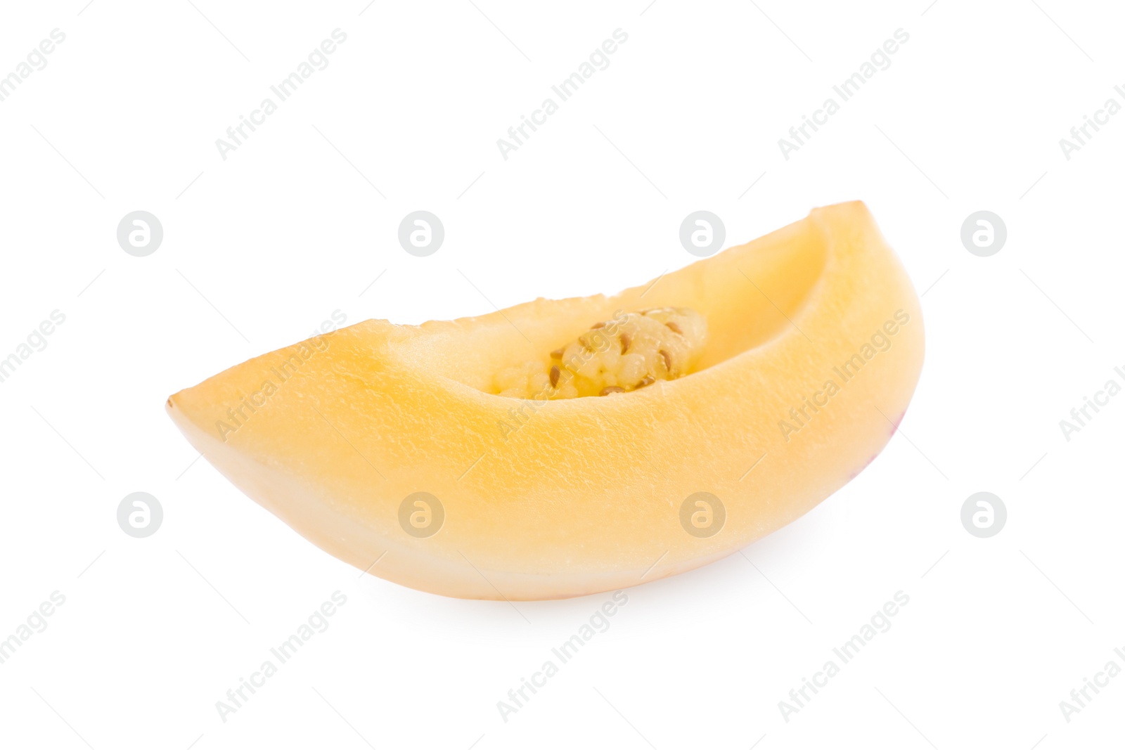 Photo of Slice of fresh ripe pepino melon isolated on white
