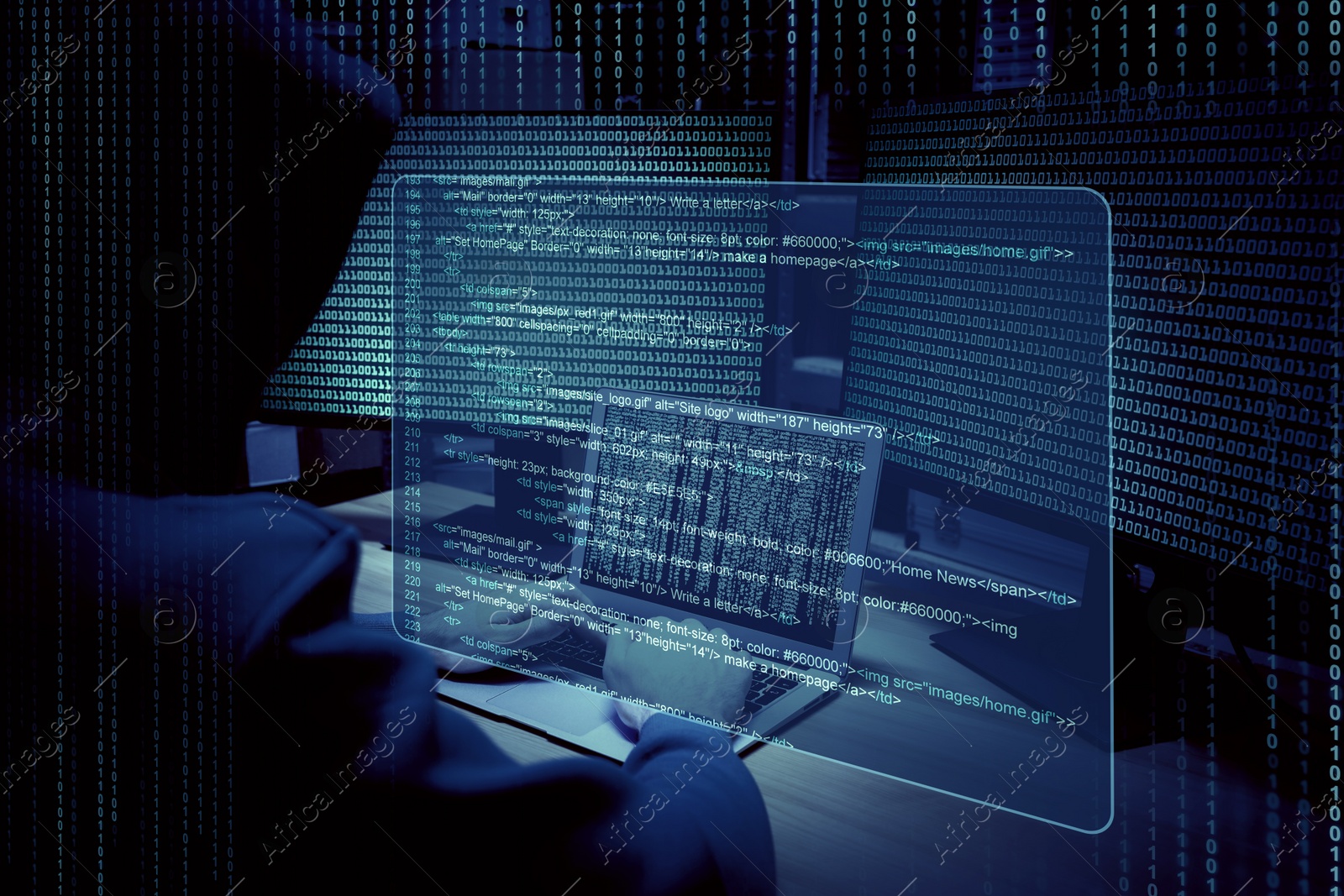 Image of Cyber attack. Hacker working with computers and breaking system to steal information in dark room. Binary code and virtual screen near him