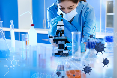 Image of Scientist using modern microscope at table in laboratory. Researching of virus