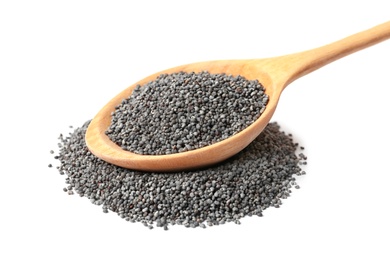 Photo of Raw poppy seeds in wooden spoon on white background