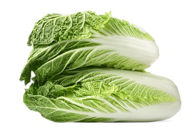 Photo of Fresh tasty Chinese cabbages on white background