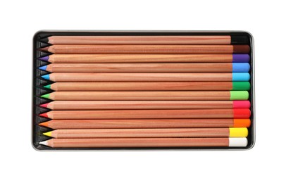 Photo of Box with many colorful pastel pencils isolated on white, top view. Drawing supplies