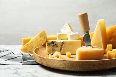 Different types of delicious cheese in plate on marble table against light background