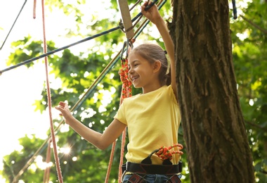 Photo of Little girl climbing in adventure park. Summer camp