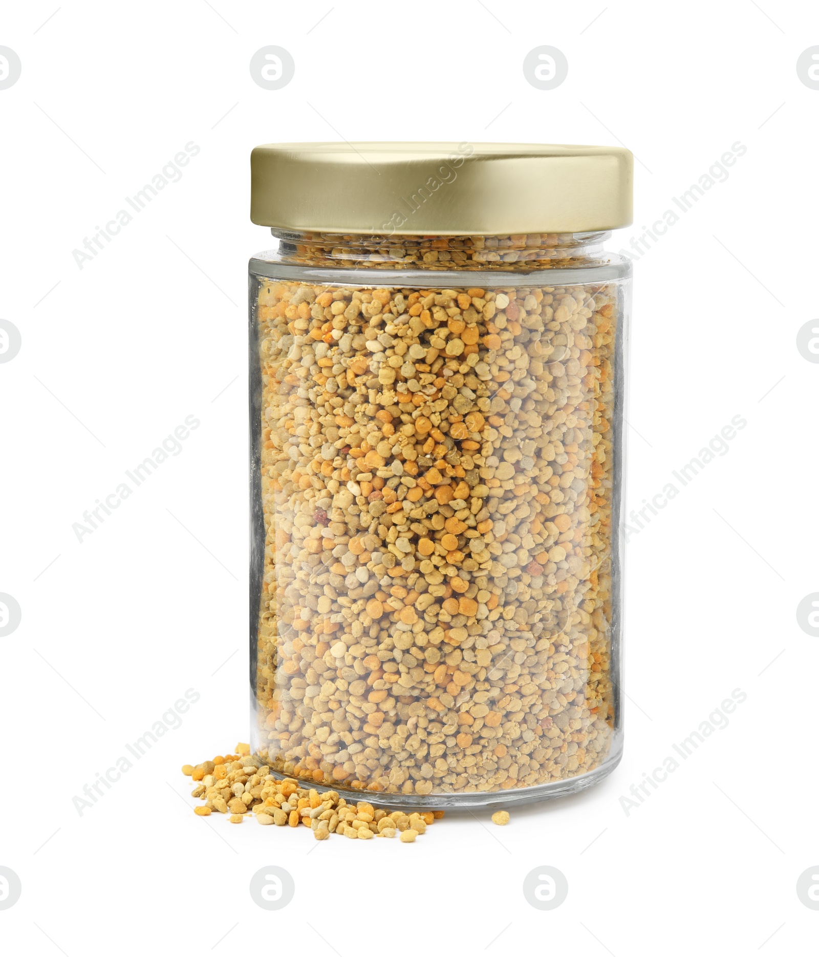 Photo of Fresh bee pollen granules in jar isolated on white