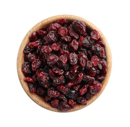 Tasty dried cranberries in bowl isolated on white, top view