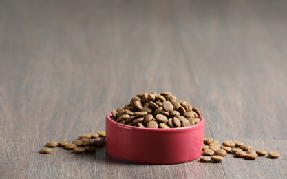 Photo of Bowl with dry dog food on wooden floor indoors