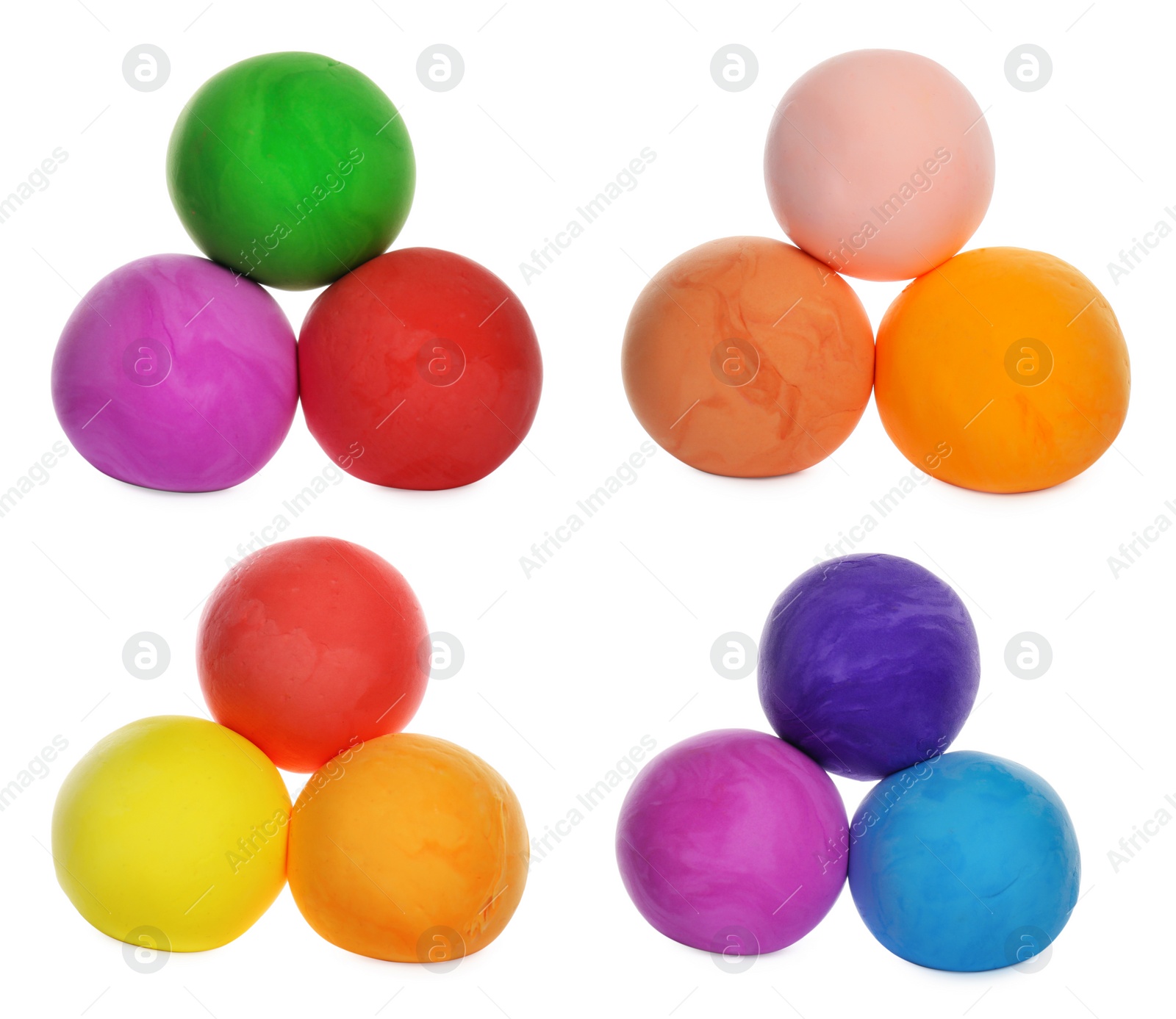 Image of Set with different colorful play dough on white background