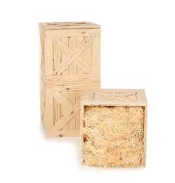 Photo of Wooden crates on white background. Shipping containers