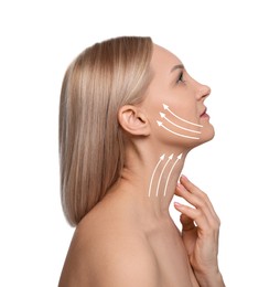 Image of Woman with perfect skin after cosmetic treatment on white background. Lifting arrows on her neck and face