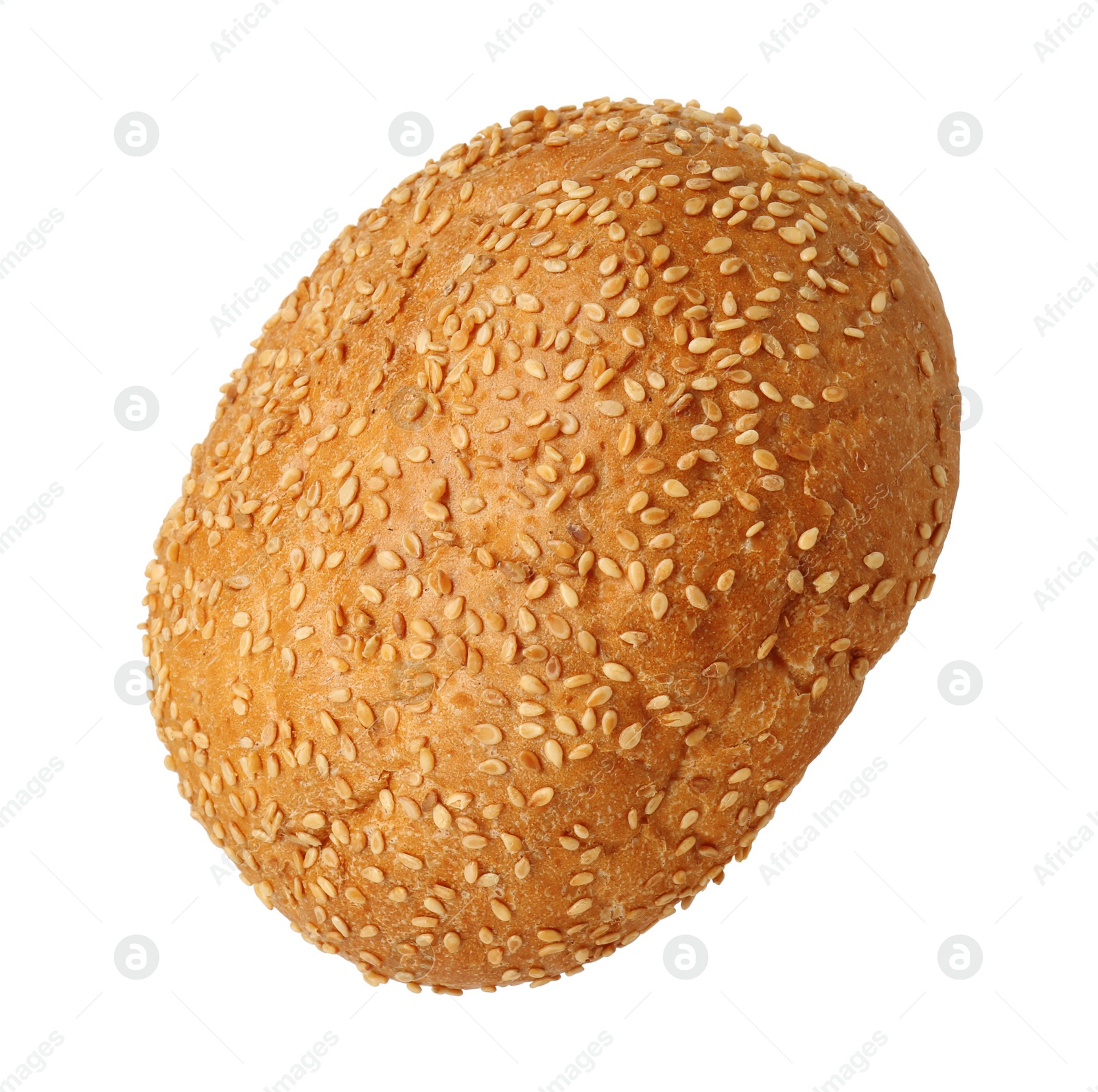Photo of One fresh burger bun with sesame seeds isolated on white