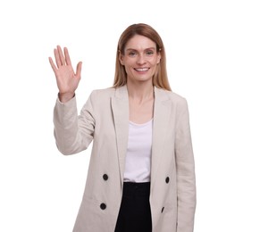 Photo of Portrait of beautiful happy businesswoman on white background