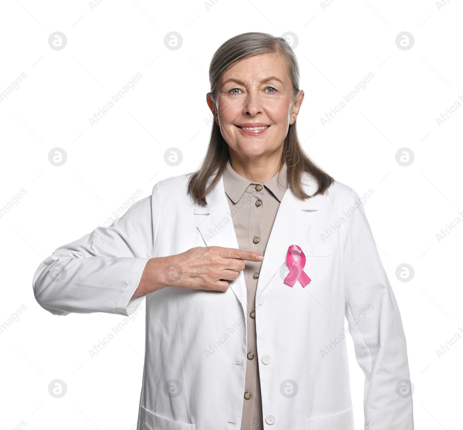 Photo of Mammologist with pink ribbon on white background. Breast cancer awareness