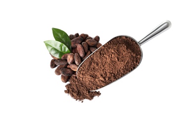 Composition with cocoa beans and powder on white background, top view