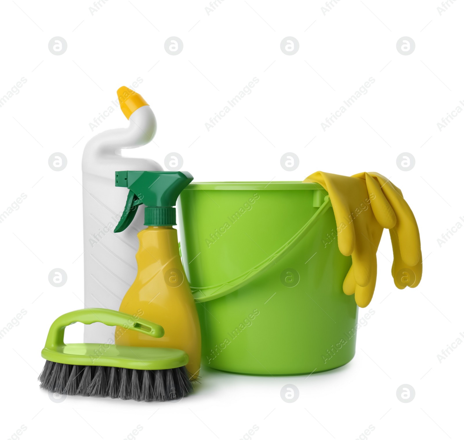 Photo of Set of different cleaning supplies on white background