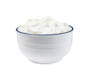 Photo of Bowl of tasty cream cheese isolated on white