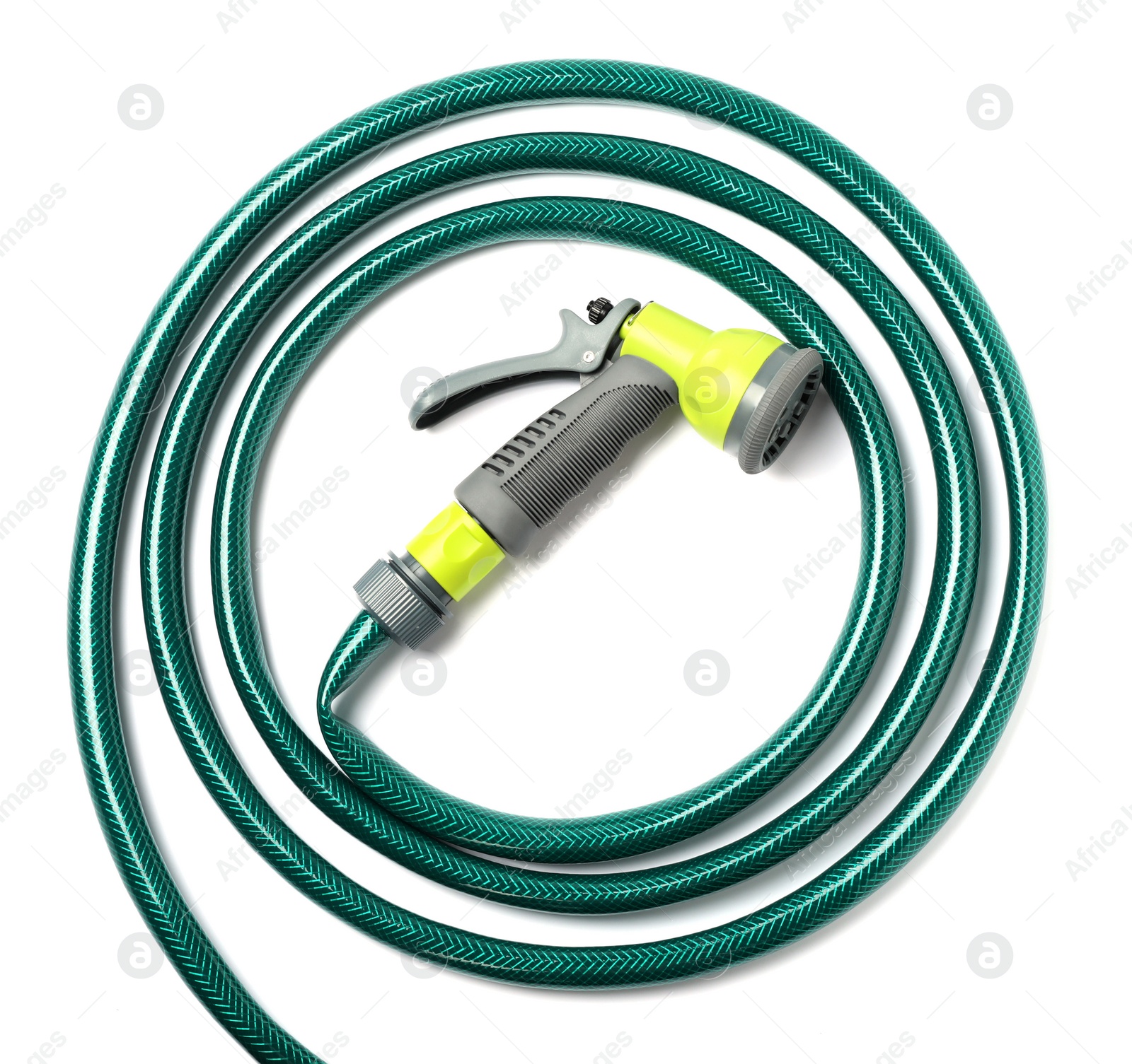 Photo of Green rubber watering hose with nozzle isolated on white, top view