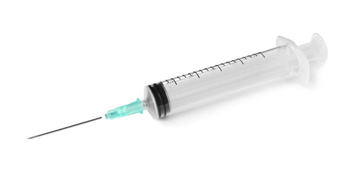 Photo of Plastic syringe on white background. Medical instrument