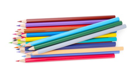 Photo of Pile of colorful wooden pencils on white background, top view