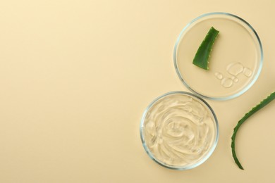 Photo of Flat lay composition with Petri dishes and aloe vera on beige background. Space for text