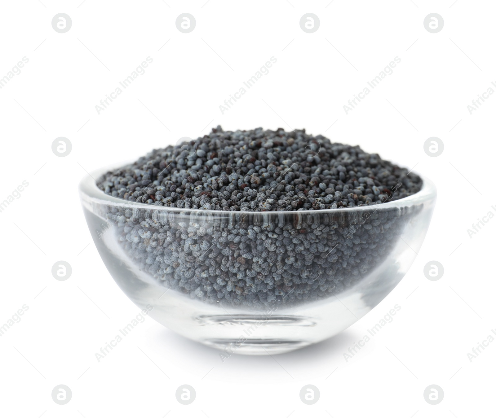 Photo of Poppy seeds in glass bowl on white background