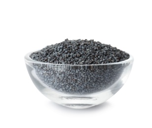 Poppy seeds in glass bowl on white background