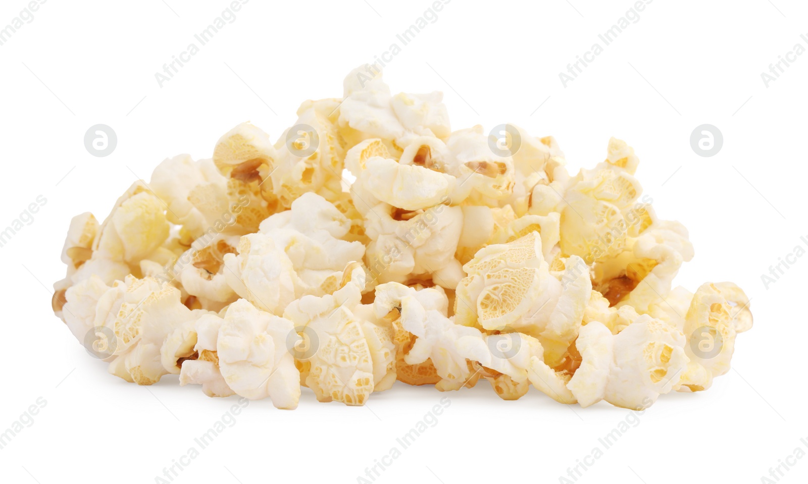 Photo of Fresh popcorn isolated on white. Tasty snack