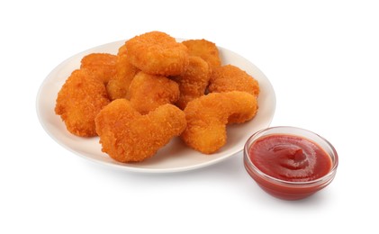 Photo of Tasty chicken nuggets with ketchup on white background