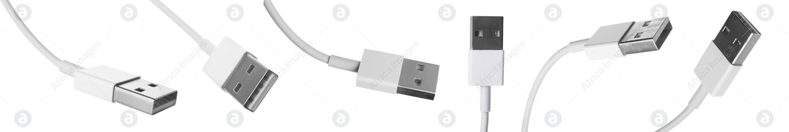 Image of USB cable on white background, views from different sides