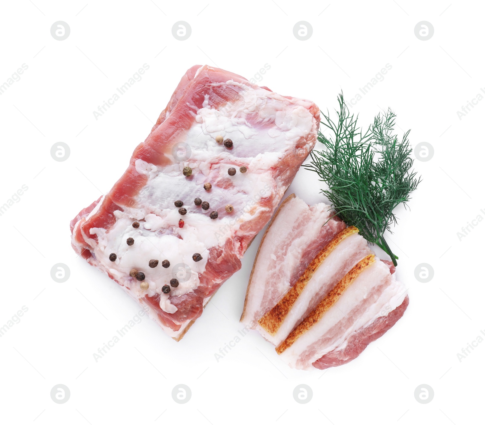 Photo of Pieces of pork fatback with dill and spices isolated on white, top view