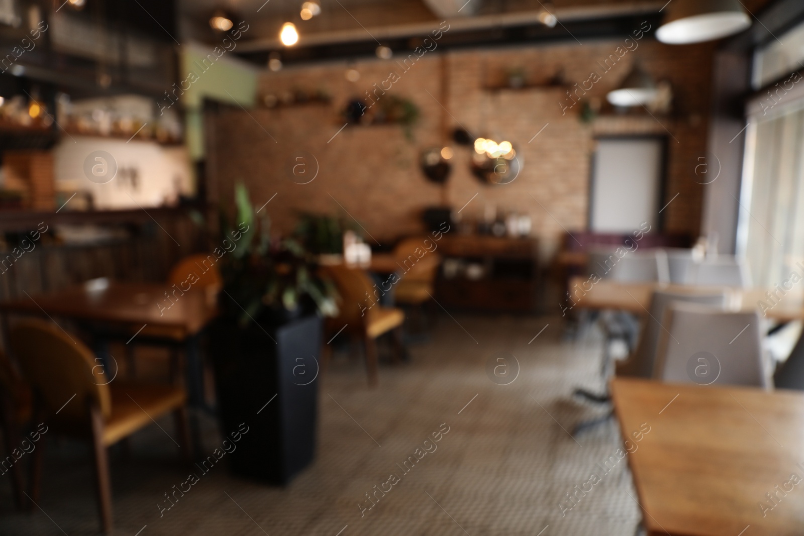 Photo of Blurred view of stylish modern cafe interior with bokeh effect