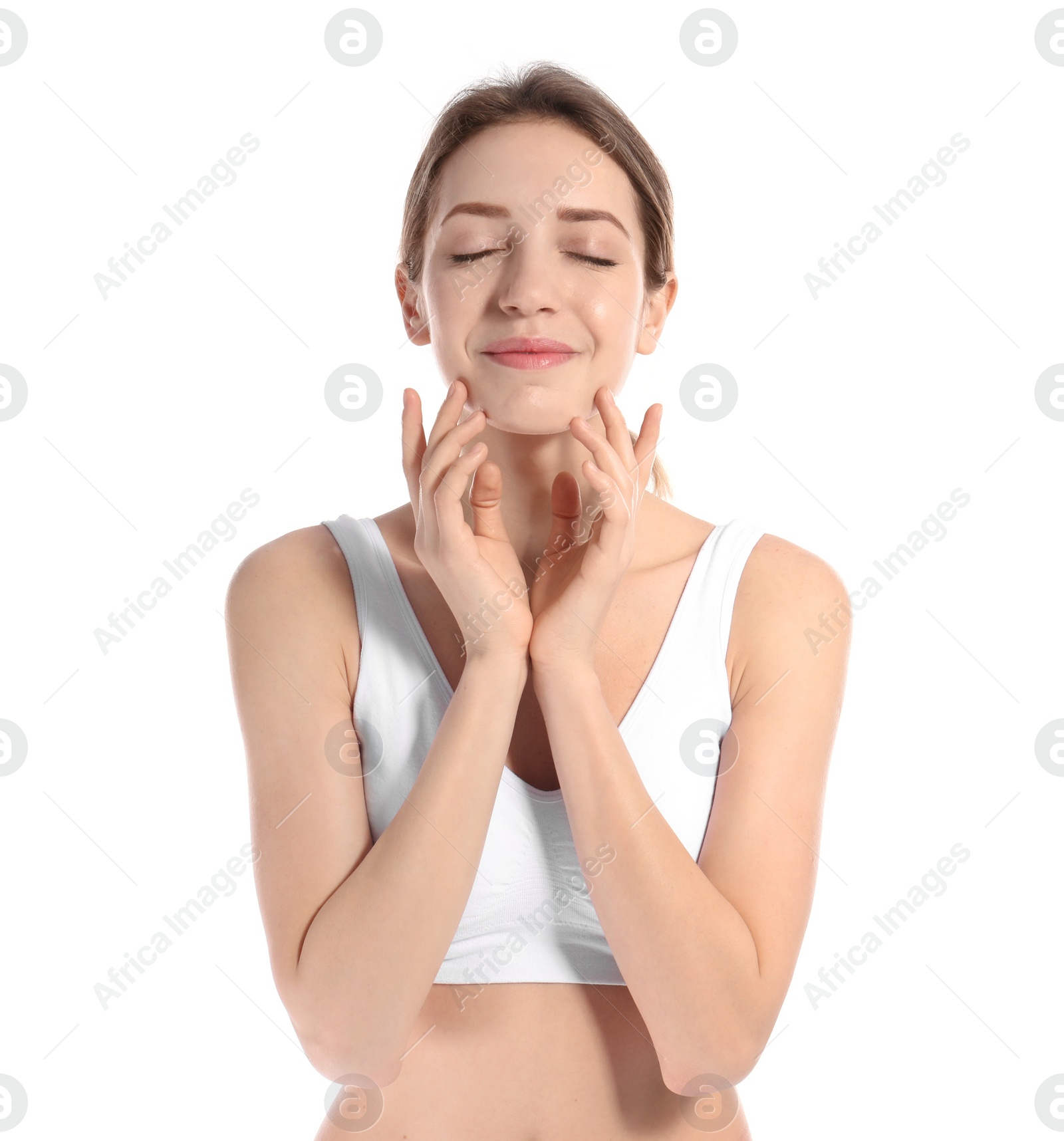 Photo of Portrait of young woman with perfect smooth skin on white background. Beauty and body care