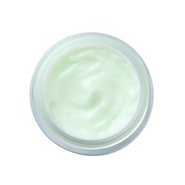Jar of body cream isolated on white, top view