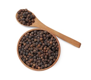 Photo of Aromatic spice. Many black peppercorns in bowl and spoon isolated on white, top view