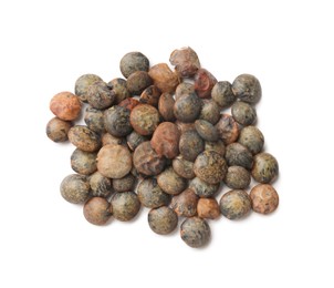 Pile of raw lentils isolated on white, top view