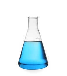 Photo of Conical flask with blue liquid on white background. Laboratory glassware