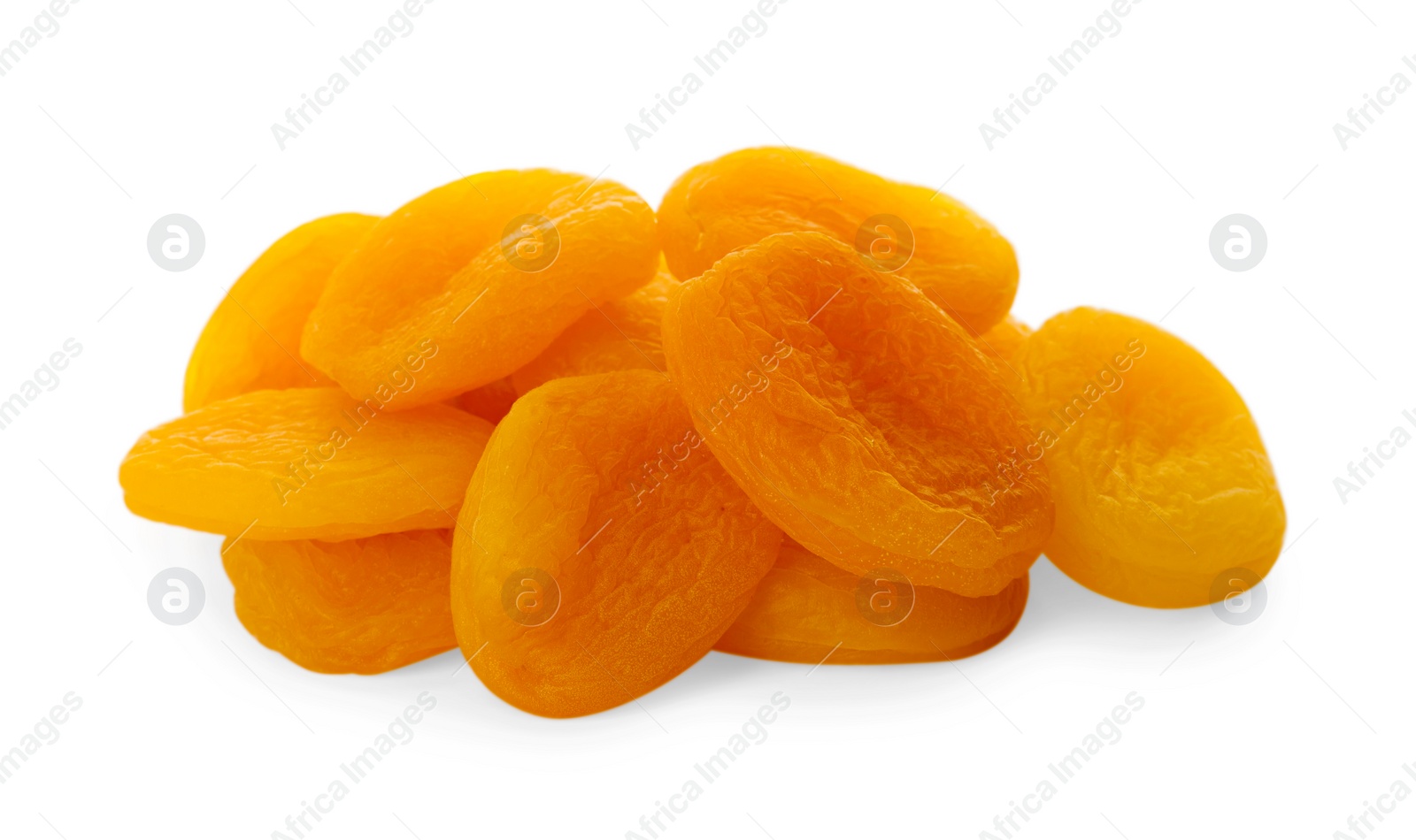 Photo of Pile of tasty apricots on white background. Dried fruits