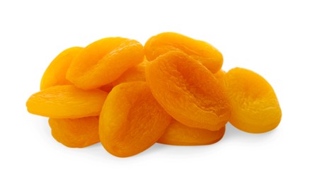 Photo of Pile of tasty apricots on white background. Dried fruits