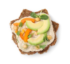 Tasty vegan sandwich with avocado, chickpeas and bell pepper isolated on white, top view