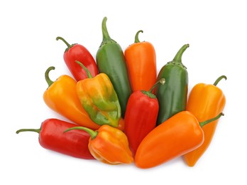 Photo of Different hot chili peppers isolated on white, top view