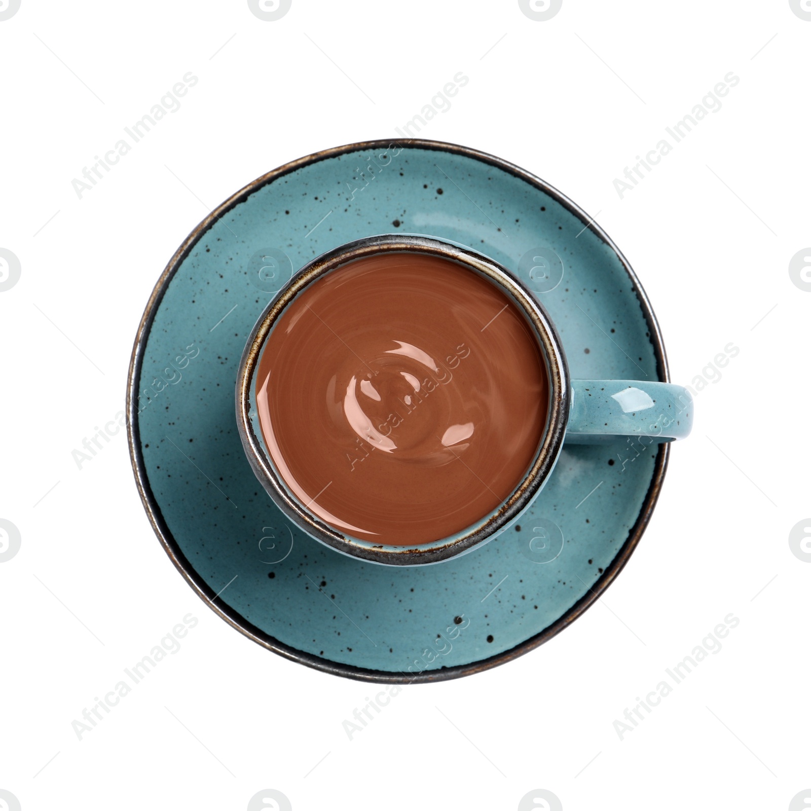 Photo of Yummy hot chocolate in cup isolated on white, top view